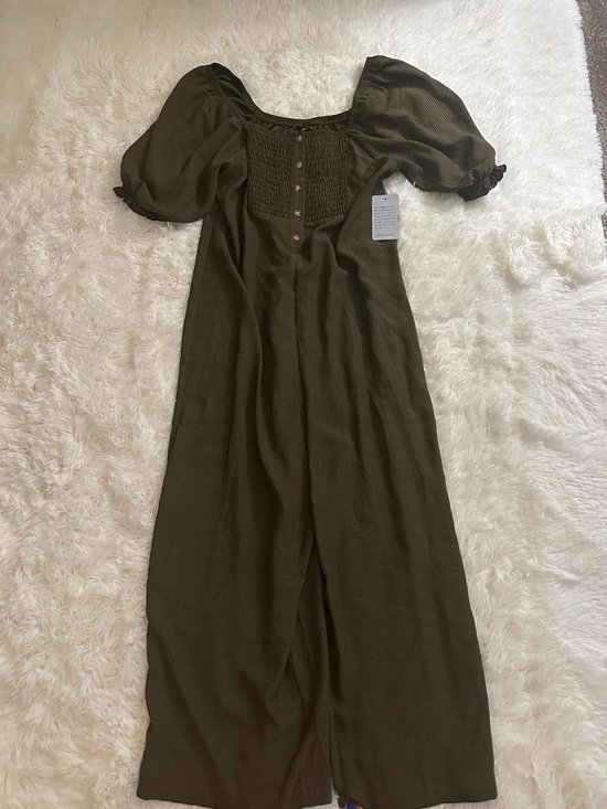 bobeau Pants - bobeau Olive Puff-Sleeve Smocked Jumpsuit